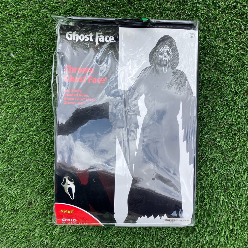 Spirit Chrome Ghost Face/Black Costume w/Hooded Robe,Chrome mask,gloves&belt